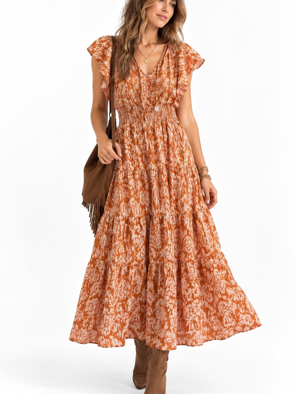 Sam Edelman Burnt Orange Floral Maxi Dress Smocked Waist Ruffle Sleeves Med Boho